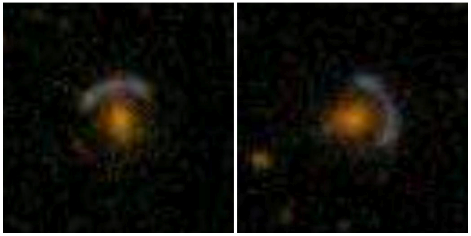 Two Strong Gravitational Lenses in the SDSS: (Left) the `8'oclock arc' with redshift z=2.73 and (Right) the `Clone' at z=2.00
